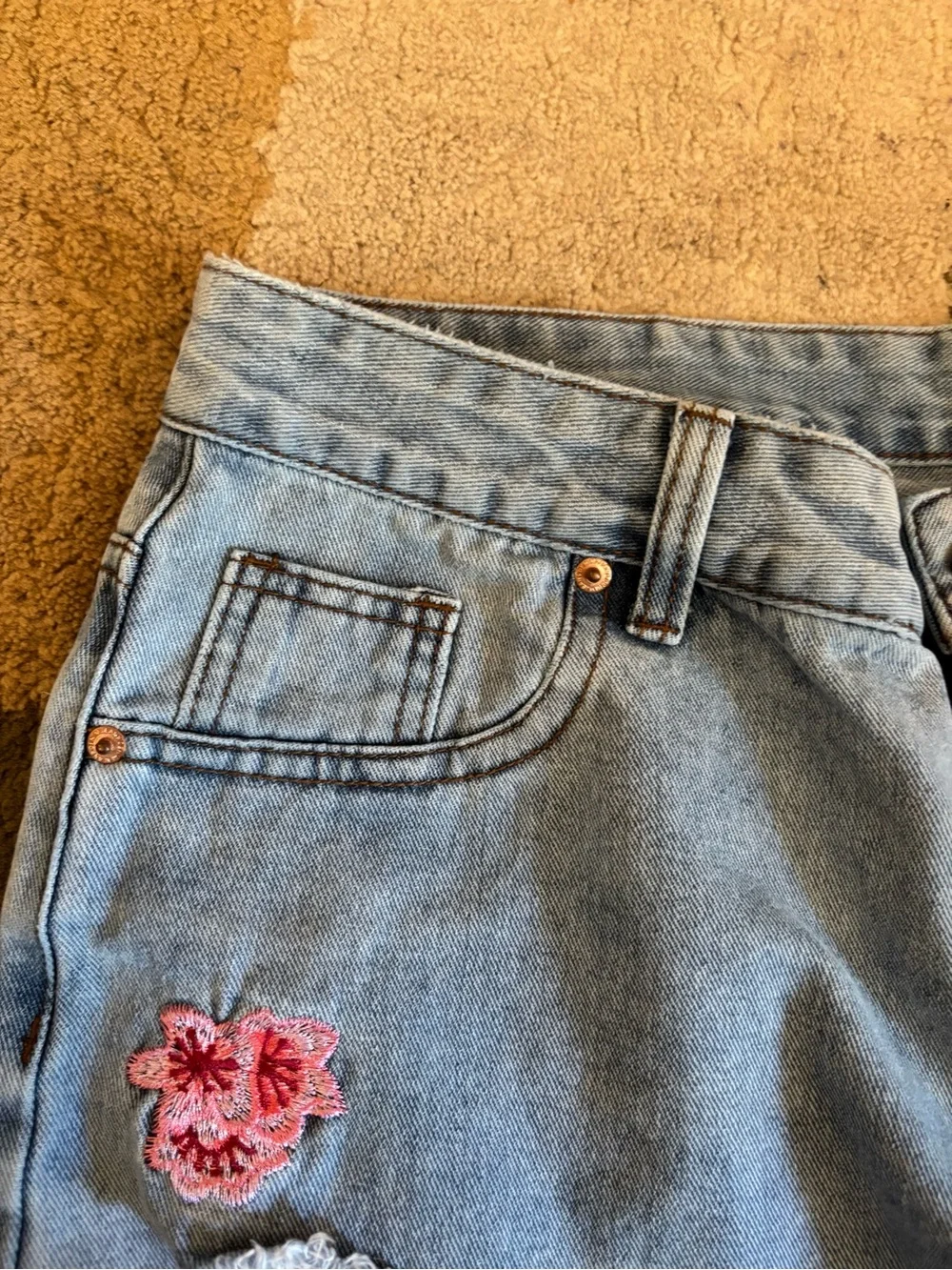 ROMWE Light Blue Denim Shorts with Pink Floral Embroidery